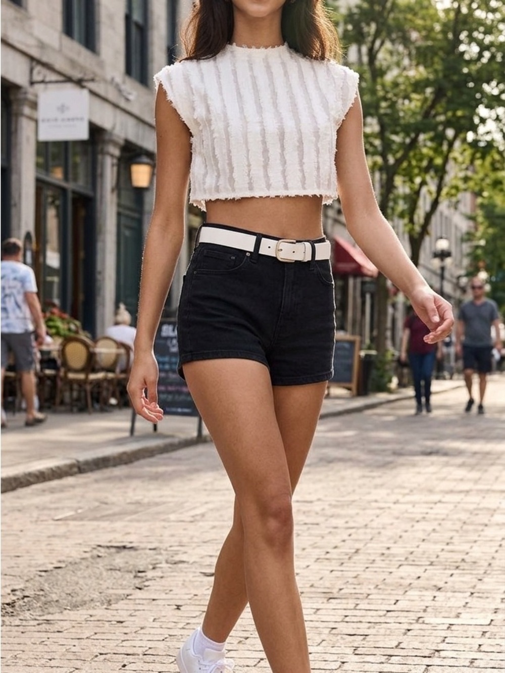Rangel Chloe Top Ivory Large Sheer And Fur Stripes Zipper Crop Top